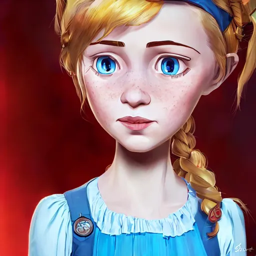 Prompt: pippi longstocking as a young girl with light blonde hair and light blue eyes wearing a beautiful russian dress, symetric face