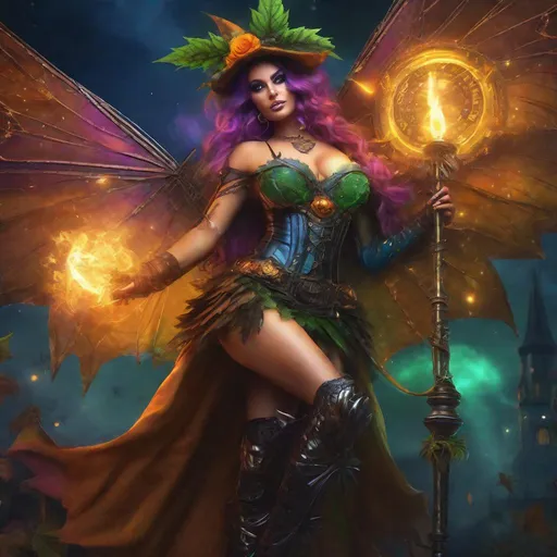 Prompt: Epic. Cinematic. Shes a beautiful, ((colorful)), Steam Punk, cannabis, witch. (spectacular), Winged fairy, with a skimpy, ((colorful)), sheer, flowing outfit, on a Halloween night. ((Wide angle)). Detailed Illustration. 8k.4k. Full body in shot. Hyper realistic painting. Photo realistic. A ((beautiful)), shapely, woman with, {{{{anatomically real hands}}}}, and ((vivid)) colorful, ((bright)) eyes. Sony a7 III, Corona render. Concept style art.  