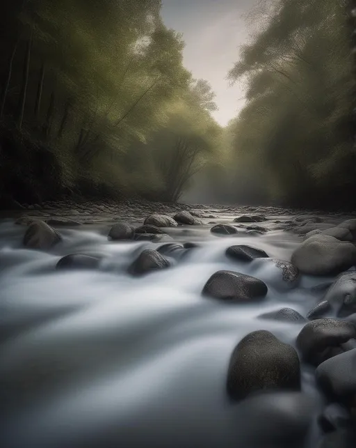 Prompt: Equipped with a neutral density filter, the photographer captures a serene scene of a river, its waters appearing smooth as silk, while the sky carries an ethereal charm during a long exposure.