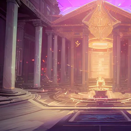Prompt: an old temple, pantheon, columns, little lights, water flowing down, energy circulating, geometric patterns, uhd uhr