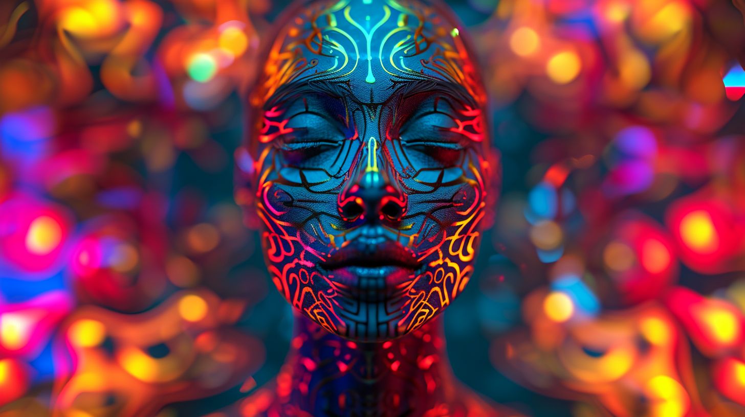 Prompt: Wide render of a 3D person of Hispanic descent with maze-like designs on their forehead, blending the themes of interference patterns and neon-lit art nouveau. The strong facial expression is the highlight amidst the symmetrical surreal surroundings.