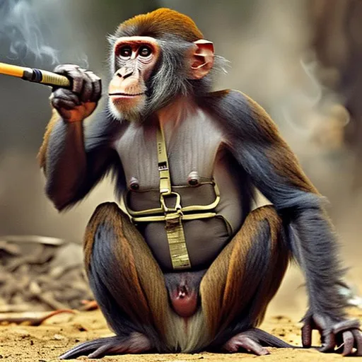 Prompt: a monkey wearing a ammo belt around his torso and as he kills a man in shock and the monkey is smoking crack