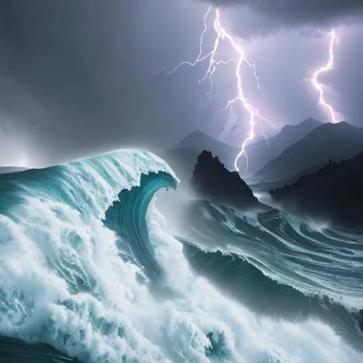 Prompt: big waves and lightning destroy an mountain