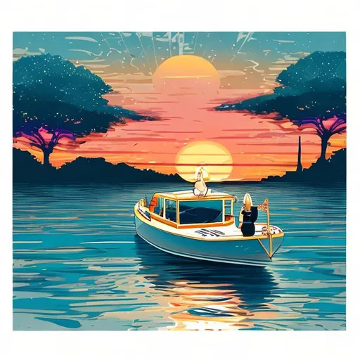 Prompt: Yacht blond women eyeglasses lake sunset illustration full boat
