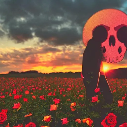 Prompt: death, happy, rose, mysterious, sunset, life, man, woman hardstyle, 
