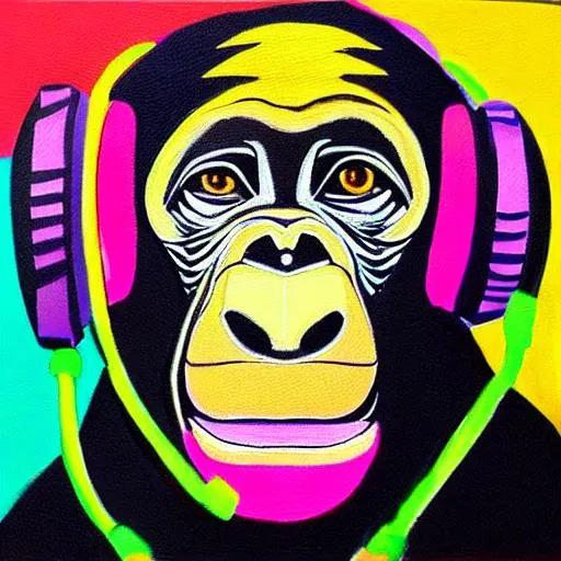 Prompt: oil painted chimpanzee  bright colours with headphones and a screwed up face