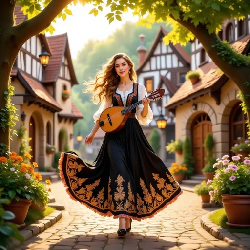 Prompt: @K7g8b5eaws95D5W5RBhJ  is strolling down the town square of a quaint fantasy village with a friendly greeting to the nearby townsfolk. with her usual charm and grace.