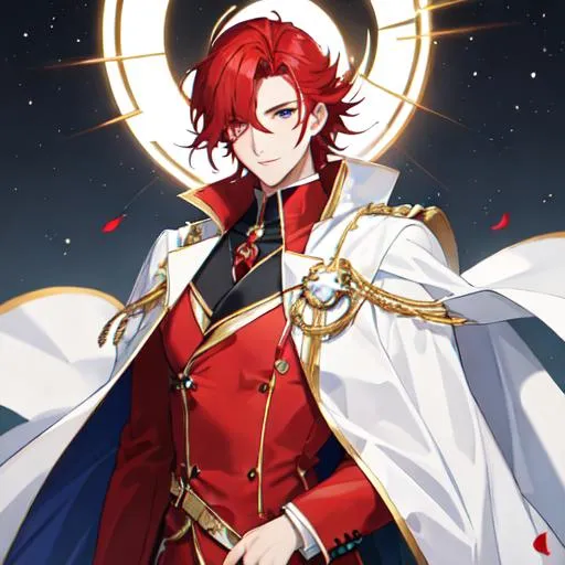 Prompt: Zerif 1male (Red side-swept hair covering his right eye) wearing a royal suit, white cape, 