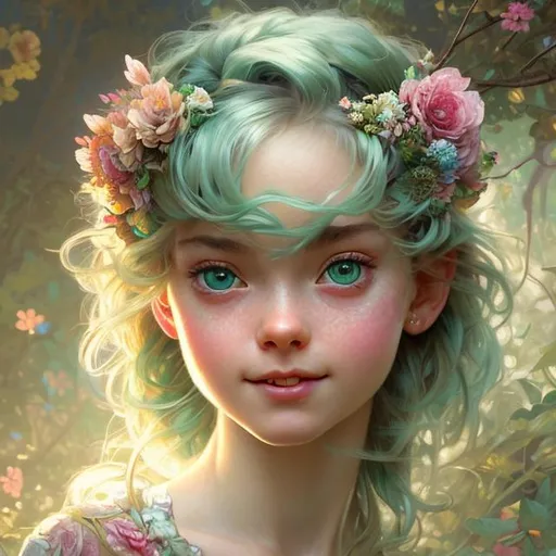 Prompt: alluring highly detailed close-up portrait of beautiful girl with Light green hair and light blue eyes, smiling wearing a floral outfit and flower crown, very detailed, realistic, by Stanley Artgerm Lau, greg rutkowski, thomas kindkade, alphonse mucha, loish, norman rockwell J