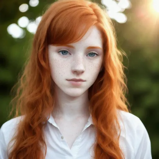 Prompt: Ginger freckled young skinny 23 years old shy, sad and sorrowful woman, a lot of freckles, pale skin, Norwegian, turned up small nose, long wavy ginger thin dry hair, detailed hair, intricated hair, thin lips, cute face, pure, ((white open shirt)), sun from behind, sun on hair, 18 years old, thin, emotions

Ultra high definition, realistic picture, detailed, intricated, 4K, 8K, wallpaper, award winning