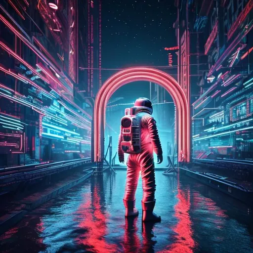 Prompt: raw photo, detailed, fujifilmxt3, ray tracing, 8k uhd, hdr, an astronaut stands on the shore of a lake, an astronaut, geometric figure, against a glowing large neon archway, turnback, lake, night, reflection, neon, galaxy lighting, brighten light --v 5.2