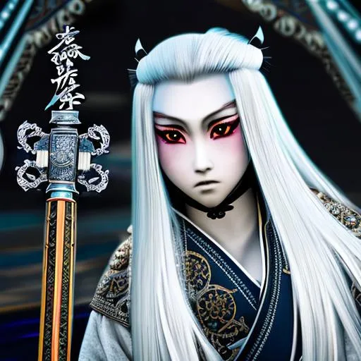 Prompt: White-haired beautiful samurai with a katana emanating a blue aura, fantasy, highly detailed white sparkling glowing eyes, intricate, wearing martial artist related clothing, highly-detailed, large landscape, mechanics, dramatic lighting, gorgeous face, lifelike, stunning, anime woman face, long luxurious white hair, digital painting, large, artstation, illustration, concept art, smooth, sharp focus, highly detailed painting, looking at viewer, portrait, photography, detailed skin, realistic, photo-realistic, 8k, highly detailed, full length frame, High detail, full body art