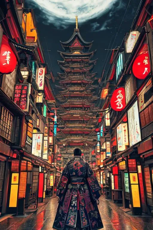 Prompt: colorful contrast ink painting,

hyperdetailed intricate medieval japan city,

1 male cyberpunk samurai, detailed face, dynamic pose,

hyperdetailed intricate ink japanese-character-shape floating in the air,

windy, cinematic lighting, neon light,

album cover art, 128K resolution, masterfully crafted, 

hyperdetailed 2D vector concept art picture, vector, illustration, character concept, 2D fantasy concept art style, heroic fantasy art,

Greg Rutkowski, Huang Guangjian, CGSociety, ZBrush Central, Victo Ngai,