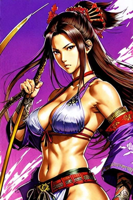 Prompt: Samurai Shodown 3 Art (((Yoji Shinkawa))), sticker of ultra detailed portrait of Olivia Munn in detailed purple heavy samurai armor, high quality cell shaded illustration in post apocalyptic style by Yoji Shinkawa, ((full body)), dynamic pose, perfect anatomy, centered, freedom, soul, brown long hair,tan skin approach to perfection, cell shading, 4k , cinematic dramatic atmosphere, watercolor painting, global illumination, detailed and intricate environment, artstation, concept art, fluid and sharp focus, volumetric lighting, cinematic lighting, Art by Yoji Shinkawa,
