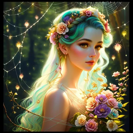 Prompt: front view painting of a beautiful girl, style of fragonard and Yoshitaka Amano (pastel hair with flowers, messy), ropes, ((forest background)), bioluminescent, (wearing intricate clothes), vines, delicate, soft, fireflies, spiders, spider webs, webs, silk, threads, ethereal, luminous, glowing, dark contrast, celestial, ribbons, trails of light, 3D lighting, soft light, vaporwave