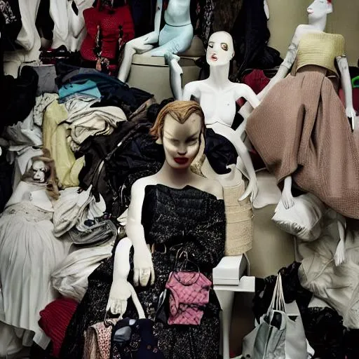 Prompt: Vogue fashion editorial beauty story model schaparielli Dora Marr Maggie Maurer mountain of clothes . Hoarders house. Collectibles. Beauty. Dada. mannequins. White pug. MOMA. Peggy Guggenheim. Venice. New York. London. Paris. Milan. Dali. Absolutely fabulous. Christian Dior. 