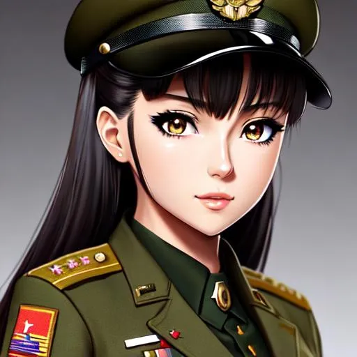 Prompt: Anime girl, wearing military uniform,smooth lighting,soft skin, detailed face, digital art,full body, looking at camera