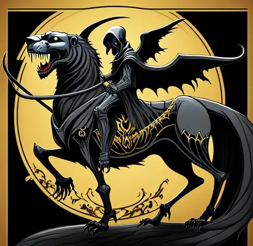 Prompt: grim reaper riding on a panther. black and gold colors