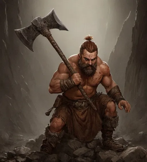 Prompt: illustration of Warhammer fantasy RPG style fierce dwarf warrior, bare chest, grimy atmosphere, orange mohawk and beard, holding battle-worn axe, dramatic lighting casting deep shadows, rich earthy tones, high quality, epic fantasy, detailed beard, rugged, weathered look, heroic, fantastical, immersive setting, detailed body tattoes, wounds, blood stained body