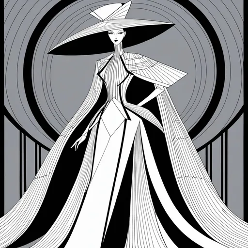 Prompt: A striking fashion illustration features a tall figure donned in an avant-garde ensemble, exuding a dramatic flair. The outfit, characterized by its elongated silhouette, is complemented by a wide-brimmed hat and features intricate details, such as a structured bodice and flowing trains that cascade down from the arms. The use of bold lines and geometric shapes at the hem adds a contemporary touch, while the sleek, minimal color palette enhances its sophistication. The overall composition evokes a sense of confidence and high fashion, hinting at a runway ready aesthetic that captivates with its unique blend of elegance and boldness. The colour them is off whait and black