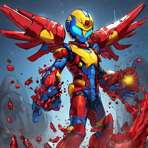 Prompt: Air Man who is a robot master who's mane color is blue with yellow boots gloves and gun arm also has a fan on their chest, they suck things in with powerful air currents and shred them into pieces and also shoot air waves out that cut up their foes, crimson is splattered around with severed things, Masterpiece, Best Quality, In Nightmare Fuel Style