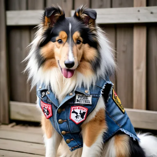 Prompt: Rough Collie wearing a heavy metal music denim vest with patches