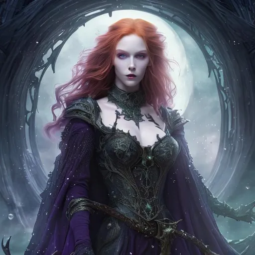 Prompt: Detailed fantasy 8k mystical light portrait of a witch with ivory clear skin, long redhead hair and deep purple eyes. Gorgeous hot body, she wears elegant aderent green dress, night light, moon, dramatic, charming pose, magical, fantasy,  high detailed, dramatic light