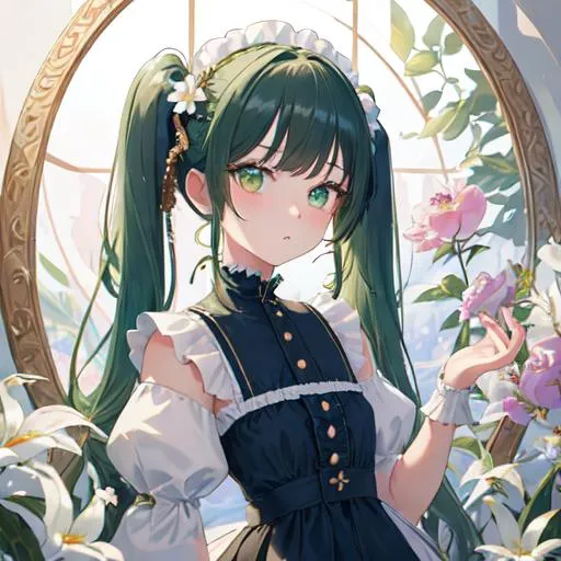 Prompt: (masterpiece, best quality:1.2), illustration, absurdres, highres, extremely detailed, 1 petite girl inside a (sandglass), navy long hair, small double pigtails, green eyes, eye highlights, dress, short puffy sleeves, frills, flower, fluttering petals, upper body, depth of field, (:d:0.8), chromatic aberration abuse,pastel color, Depth of field, purple tint,(purple fog:1.3)