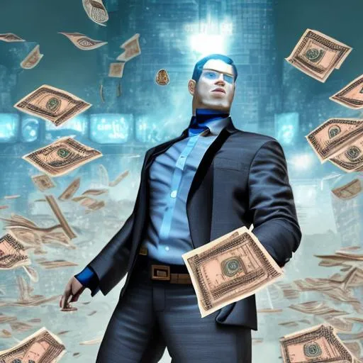Prompt: A detailed concept art of a superhero in a scifi futuristic business scene featuring money flying everywhere.