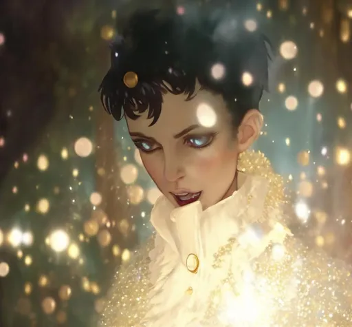Prompt: Lady in a white dress shirt with a very puffy collar that has crazy gold sparkly magic spewing all around her collar because a magic spell just made contact with it