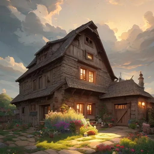 Prompt: "an illustration of a house with large barn with many cute flower pots and beautiful blue sky scenery. earth golem standing in yard, cinematic view, epic sky, detailed, concept art, low angle, high detail, warm lighting, volumetric, godrays, vivid, beautiful, trending on artstation, by jordan grimmer, huge scene, grass, art greg rutkowski"