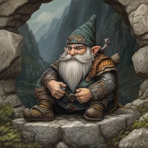 Prompt: painting of a dwarf sitting on a stone in the style of Anne Stokes