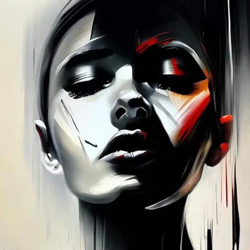 Prompt: Artwork, Woman, Split diagonally , dark below, light above, perfect composition, realistic face, hyper realism, abstract brush background, painting
