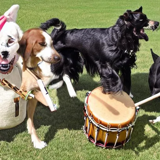 Prompt: Dogs playing the drum 