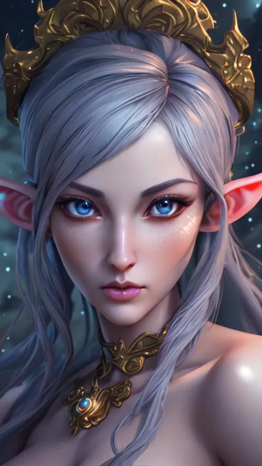 Prompt: highest quality stylized character concept masterpiece, award winning digital 3d oil painting art, hyper-realistic, intricate, 64k, UHD, HDR, image of a beautiful  elf-girl, moonlight mid-night, highly detailed face, hyper-realistic facial features, perfect anatomy in perfect composition of professional, long shot, sharp focus photography, cinematic 3d volumetric, dramatic lighting with backlit backlight, {{sexy}}, aiming down sights with red-hair, green eyes, perfect smile, from Elder Scrolls.