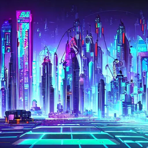 Prompt: Create a surreal and dreamlike cityscape, combining futuristic and cyberpunk elements with psychedelic and abstract art. The cityscape could include towering skyscrapers with neon lights and holographic billboards, flying vehicles zooming through the sky, and strange and otherworldly terrain.