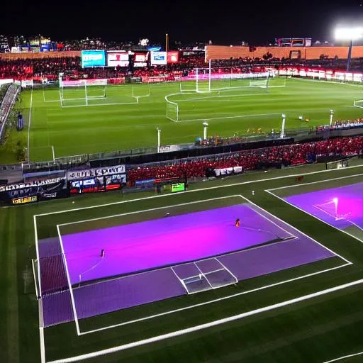Prompt: Soccer stadium, neon, nighttime, crowded, game, 