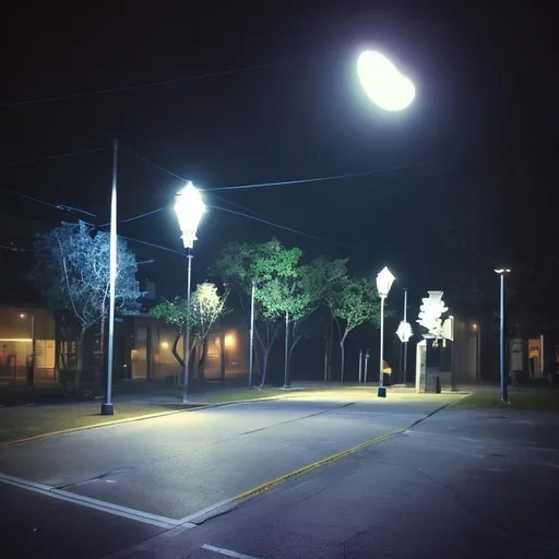 Prompt: Liminal space parking night infinite with one giant monster  from behind and infinite street lamps, dark ambiance. No car in the parking.