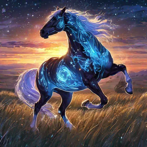 Prompt: An eventide translucent horse with rabies that is glowing, jumping in the grasslands, sunrise, beneath the stars, bioluminescent, highres, best quality, concept art