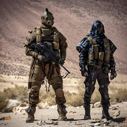 Prompt: navy seal, scifi, armor, mask, desert, sniper, pair, mountain, ghilli suit, hijab, poncho