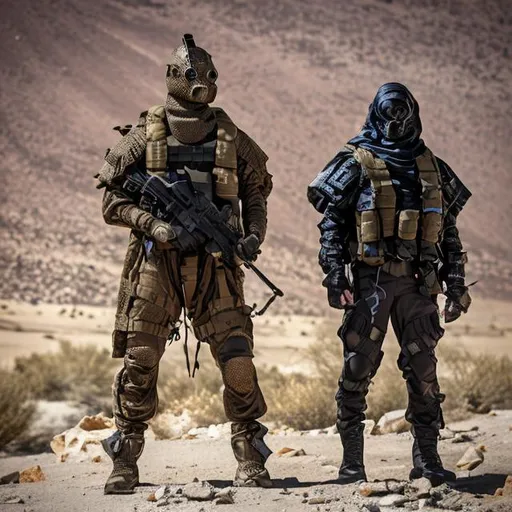 A Sniper In A Camouflage Suit Poncho And Gas Mask With A Sniper