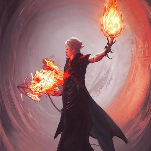 Prompt: character concept portrait of an attractive young focused elvish wizard with pale red enchanting a flaming seduction spell, a floating burning spell book in the center, intricate, elegant, digital painting, concept art, smooth, sharp focus, illustration, from Metal Gear, by Ruan Jia and Mandy Jurgens and William-Adolphe Bouguereau, Artgerm