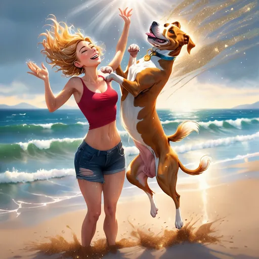 Prompt: a woman and golden pitbull terrier standing on the beach, legs apart, arms outstretched upwards to the sky. head tilted back. Hair flying in the wind. Face is smiling. eyes are closed. Glitter flows out from her heart. up and out and falls like rain. roots grow down from her feet, deep into the earth. A large dog at her side