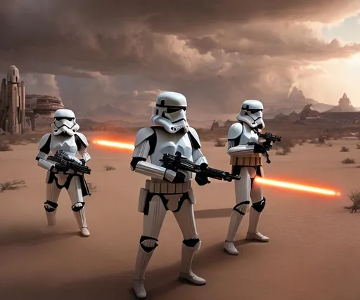 Prompt: Storm troopers in the desert battling Jedi warriors and the republic, high-detail, dramatic lighting, digital art.