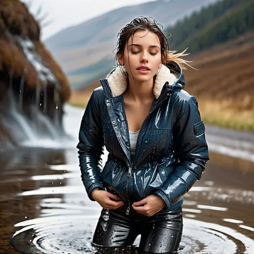 Prompt: photo of young woman, soaking wet clothes, leatherjeans, puffer jacket,  , ,   enjoying, water dripping from clothes, clothes stuck to body,  detailed textures of the wet fabric, wet face, wet plastered hair,  wet, drenched, professional, high-quality details, full body view 