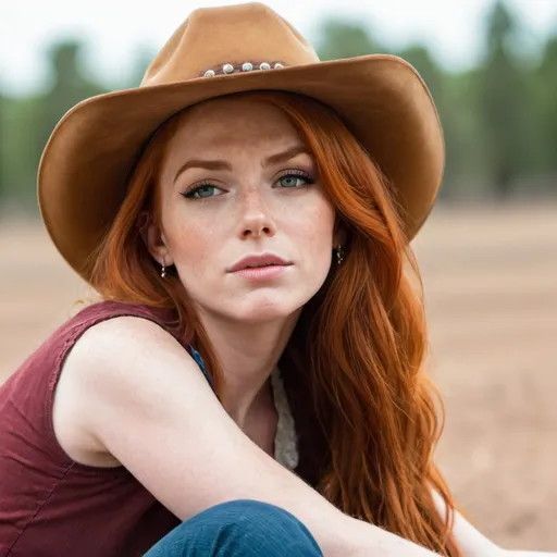 Prompt: A very beautiful red head women sitting. She has a cowboy look about her.