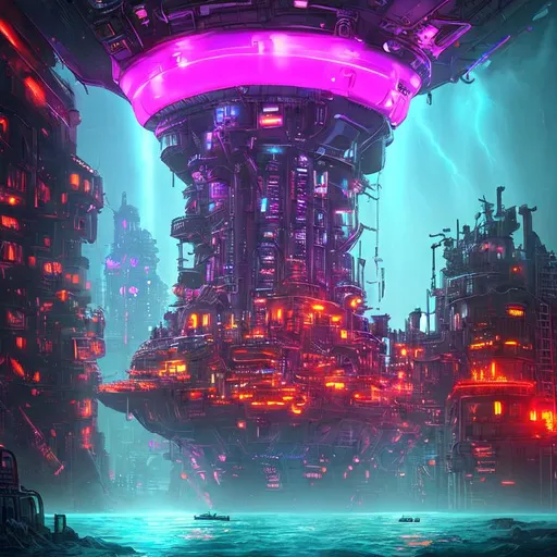 Prompt: Digital art, game art, submarine view of a city shinning in the deep abyss, huge monuments, neon lightning