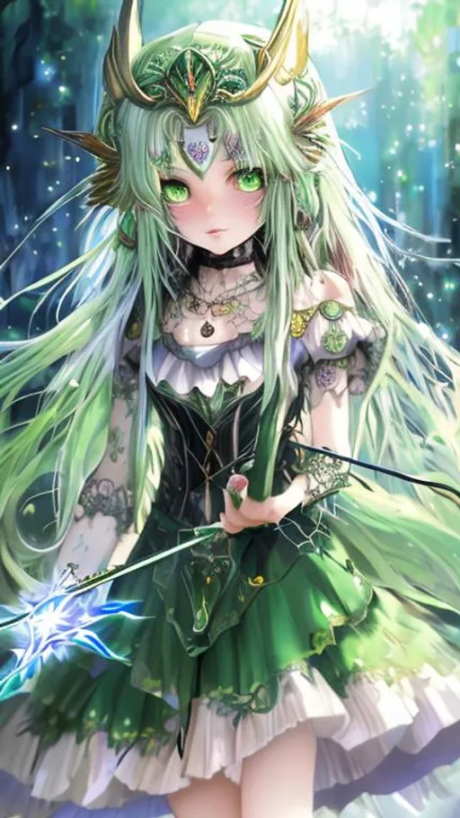 Prompt: (masterpiece), anime art, best quality, expressive eyes, perfect face, 1girl, fourteen years old girl, full body, long green hair, long hair, unbound hair, green right eye, blue left eye, heterochromatic eyes, green Magical Girl outfit, armed with a pike, strings connected to the body, strings going upward, giant hands above, black gloved hands above, strings emanating from the giant hands