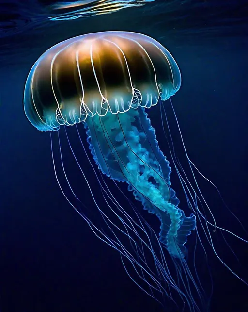 Prompt: An ethereal moon jellyfish floats gracefully in the deep blue ocean, its translucent body pulsating with an otherworldly glow. Delicate tentacles drift below the undulating umbrella as subtle beams of sunlight filter down through the rippling water above. Photographed underwater using a Nikonos V with 15mm lens, capturing the nuanced details and natural movements of the jellyfish with an environmental portrait style. In the marine aesthetic of Alberto Ghizzi Panizza.