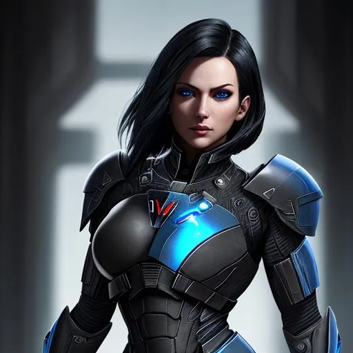 Prompt: A woman with {black} hair with {blue} eyes and wearing armor {Mass effect vibe} 